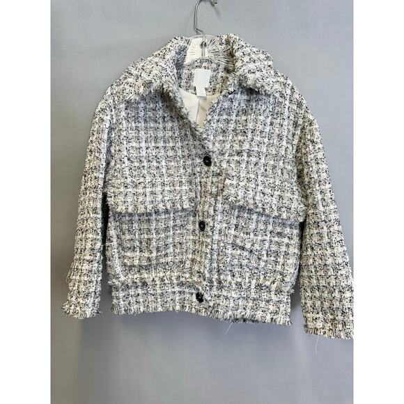 H&M Parisian Tweed Boucle Bomber Jacket Size XS Oversize white black tan - Picture 2 of 14